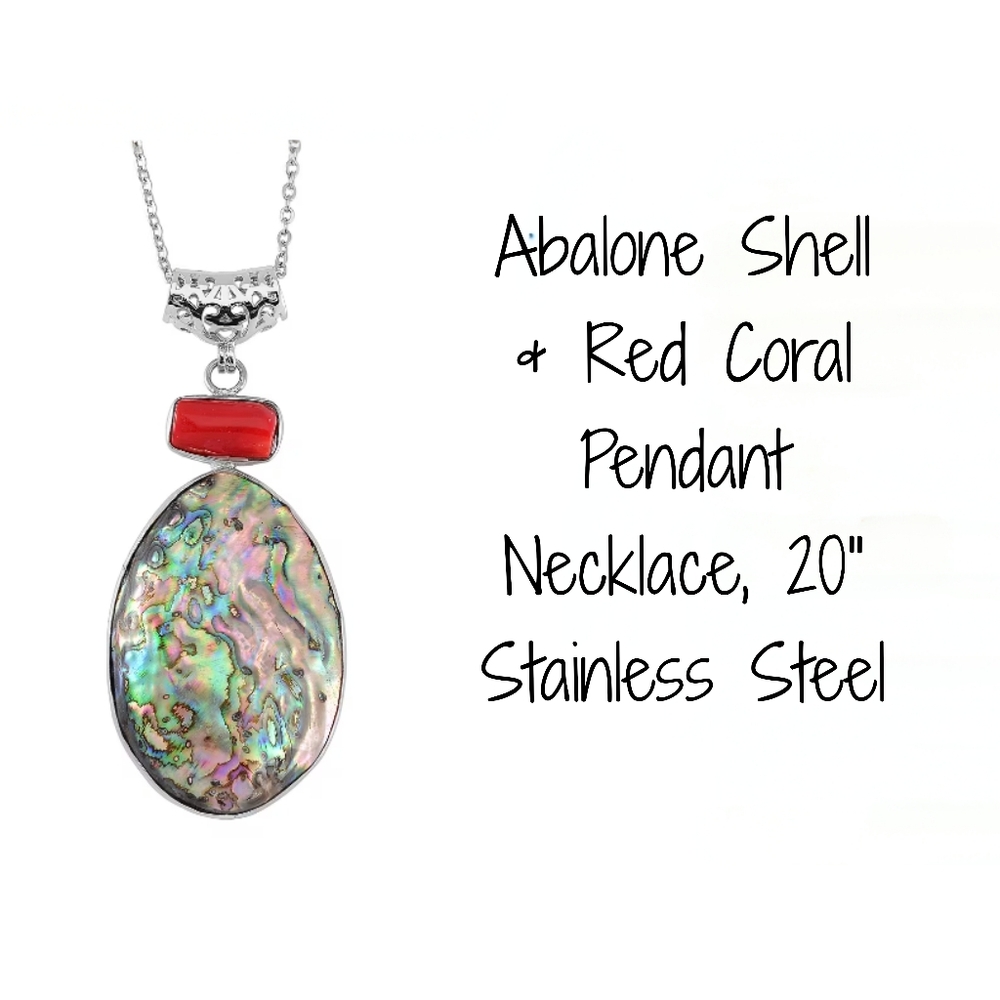 Unique Abalone Shell & Red Coral pendant necklace, stainless steel, 20"
